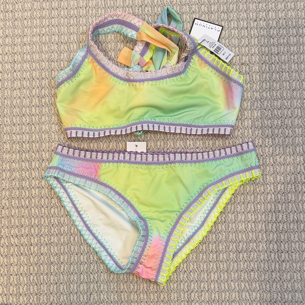NWT - PQ Swim Girls Neon Pastel Tie-Dye Bikini Set with Crochet Trim - size 16